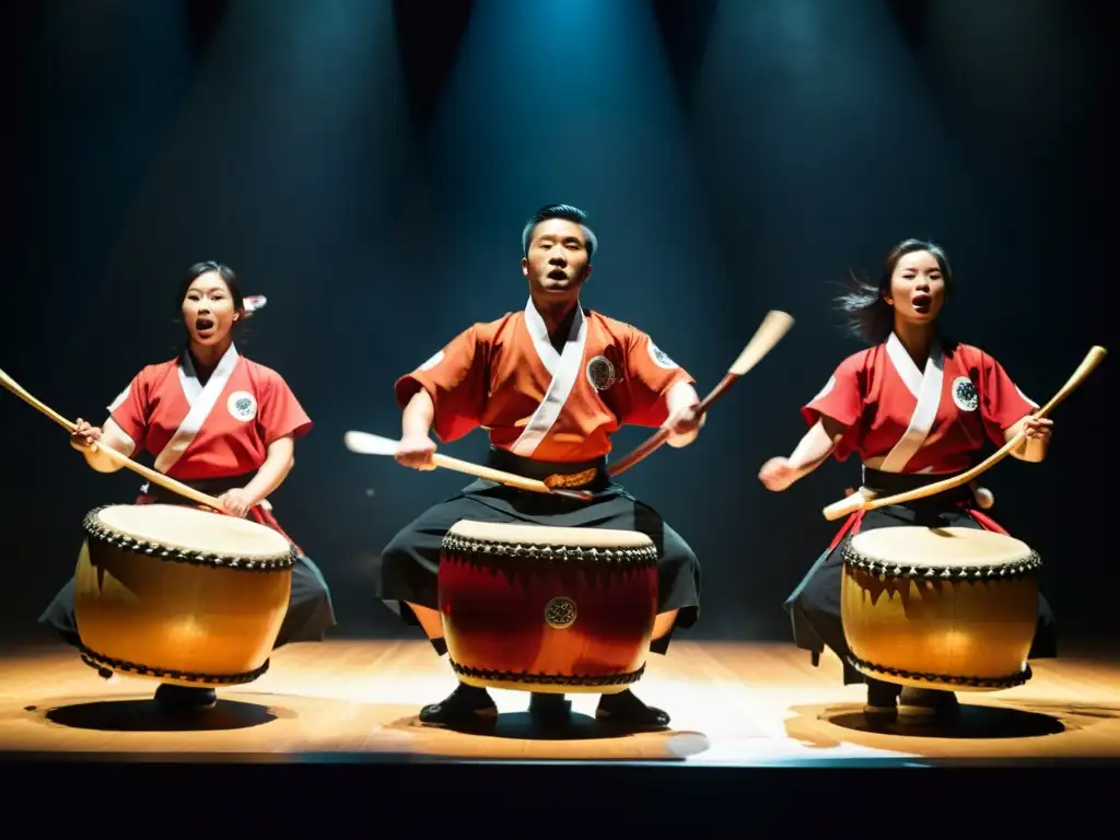 Intenso espectáculo de Taiko: pasión y precisión en el escenario Grupo de taiko en vibrante actuación con danzas tradicionales japonesas con tambores, intensidad y pasión palpables