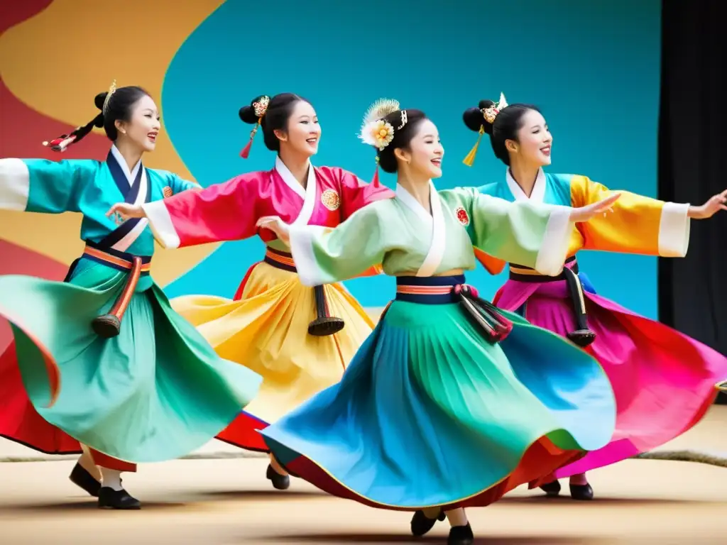 Grupo vibrante de artistas ejecutando una enérgica presentación de Pungmul coreano, con trajes hanbok y música tradicional