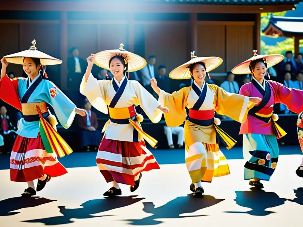 Grupo vibrante de bailarines Awa Odori bajo el sol en Tokushima, Japón, capturando la energía y significado cultural del Festival Awa Odori Tokushima