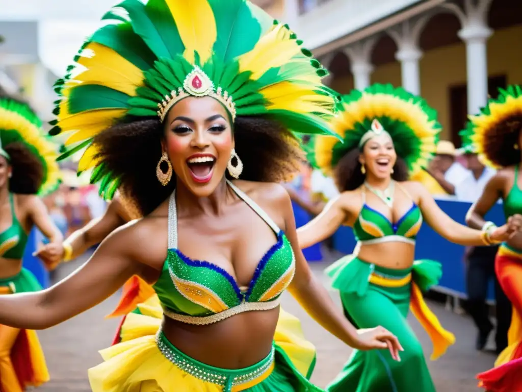 Un grupo vibrante de bailarines de samba en trajes coloridos, moviéndose al ritmo contagioso de la música, rodeados de una multitud entusiasta