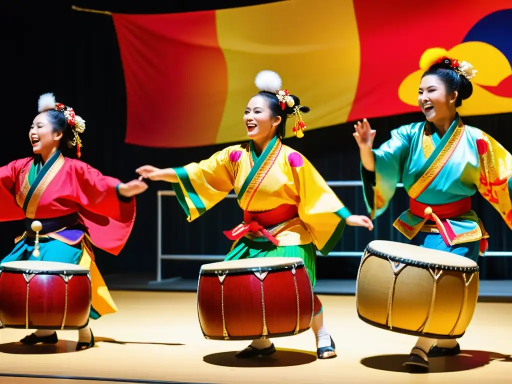 Grupo vibrante bailando la Danza del Tambor Eisa de Okinawa, con colores y movimientos que capturan la esencia cultural