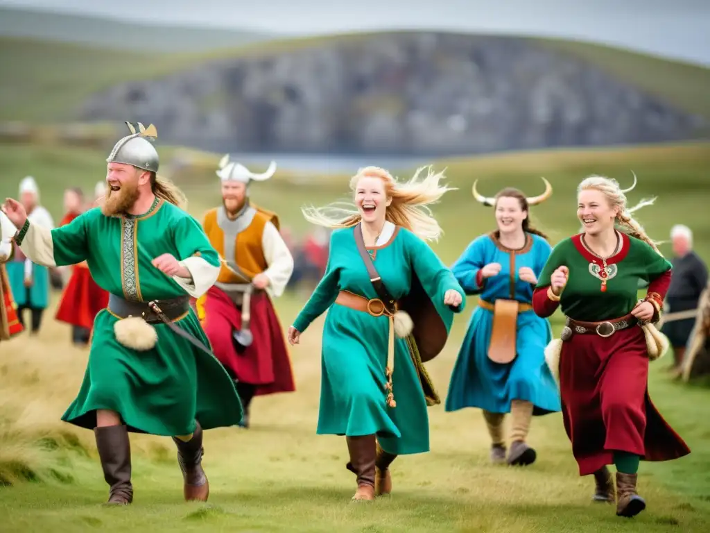 Grupo vikingo en el Festival de danza y música vikinga, celebración auténtica en paisaje espectacular de Shetland