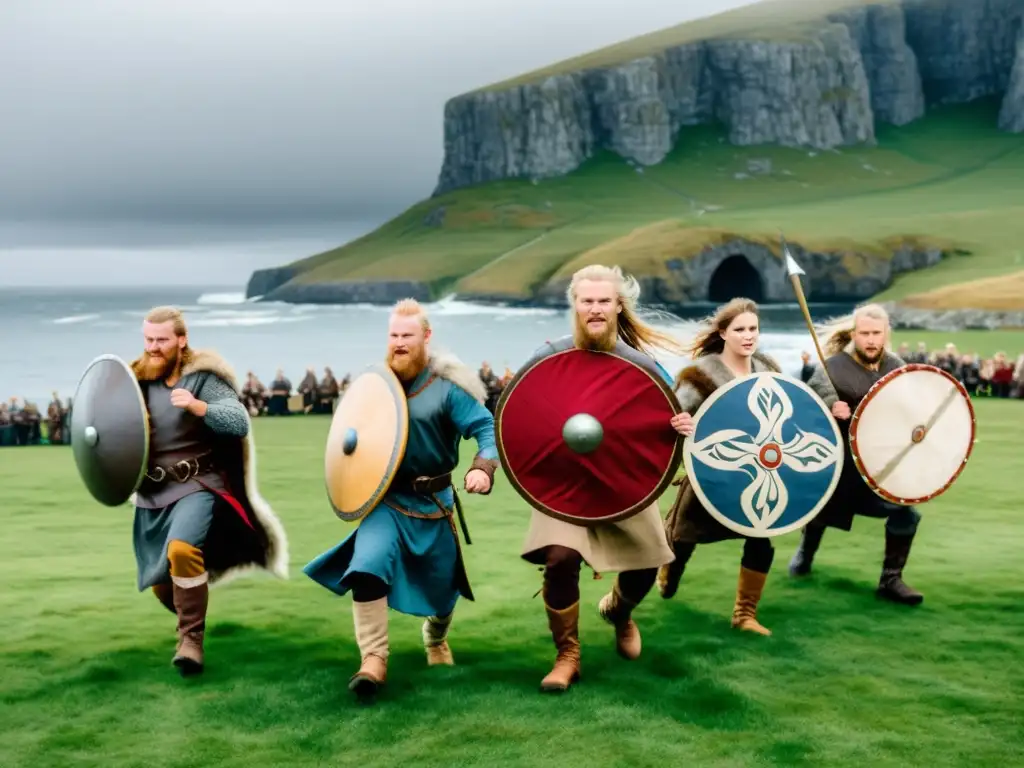 Grupo de vikingos reenactores bailando en un campo con acantilados y mar al fondo