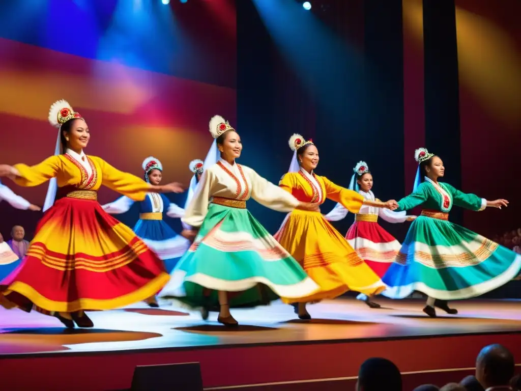 Grupos de danza tradicionales internacionales cautivan a una audiencia diversa con su colorida actuación en un escenario iluminado