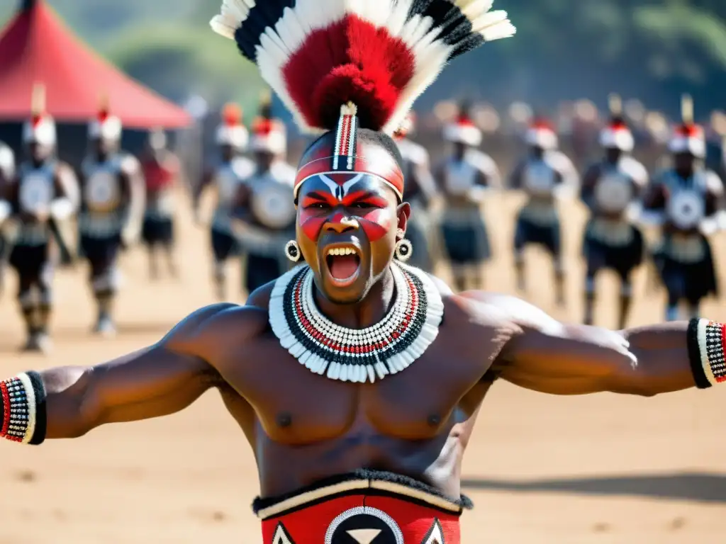 Un guerrero Zulú realiza la Danza de Guerra Zulú en atuendo ceremonial, mostrando su vigor y la cultura ancestral