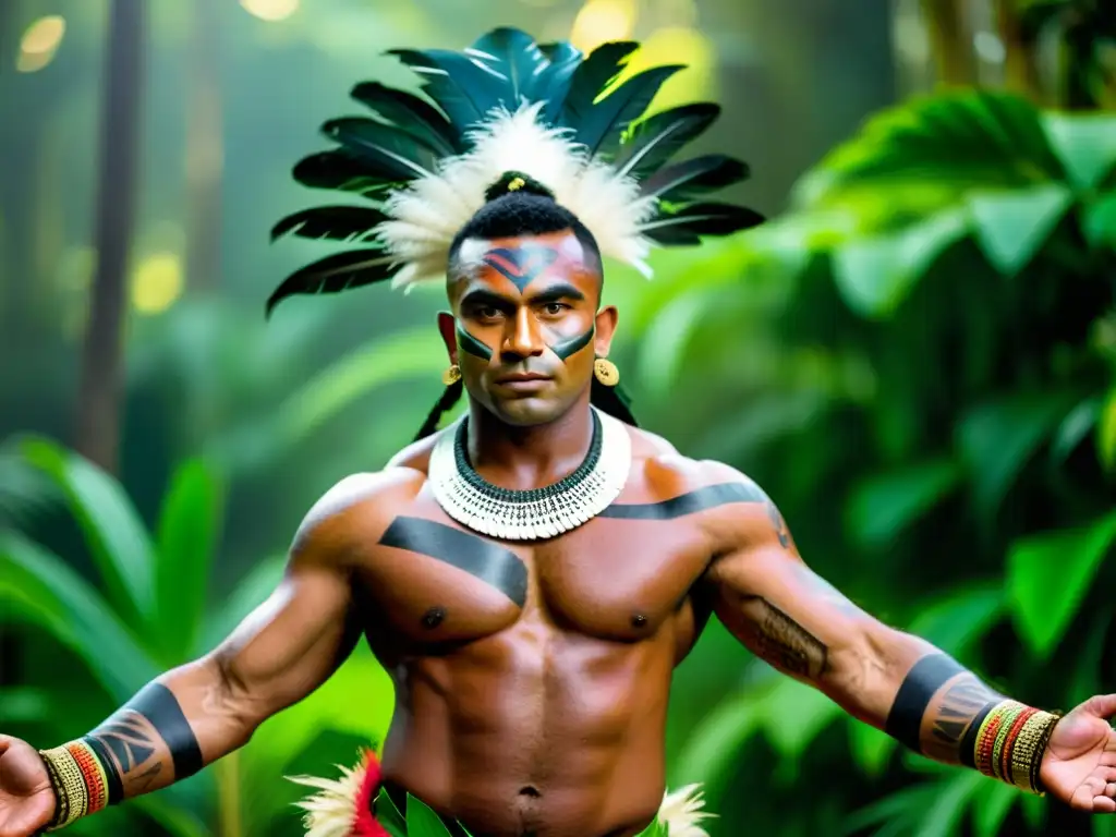 Un guerrero fijiano tatuado ejecuta la Danza tradicional Meke de Fiji en la selva exuberante, destacando su fuerza y tradición cultural