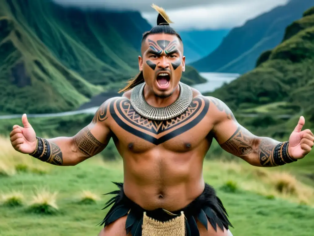 Un guerrero maorí realiza la Danza Haka con intensidad y orgullo, mostrando su herencia cultural y conexión con la tierra