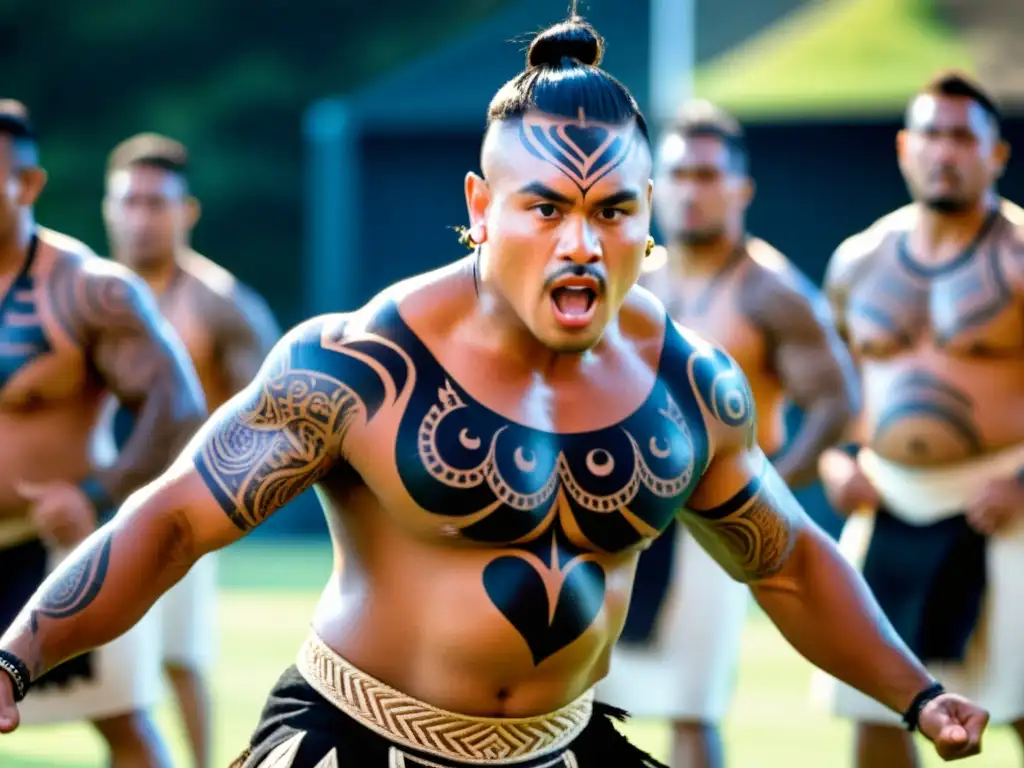 Un guerrero Maorí realiza el Haka Maorí en el festival de danza, mostrando fuerza y orgullo en Nueva Zelanda