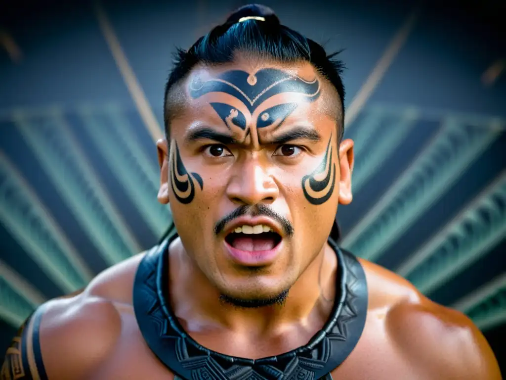 Un guerrero maorí realiza el Haka con determinación, destacando los tatuajes faciales y la pasión cultural