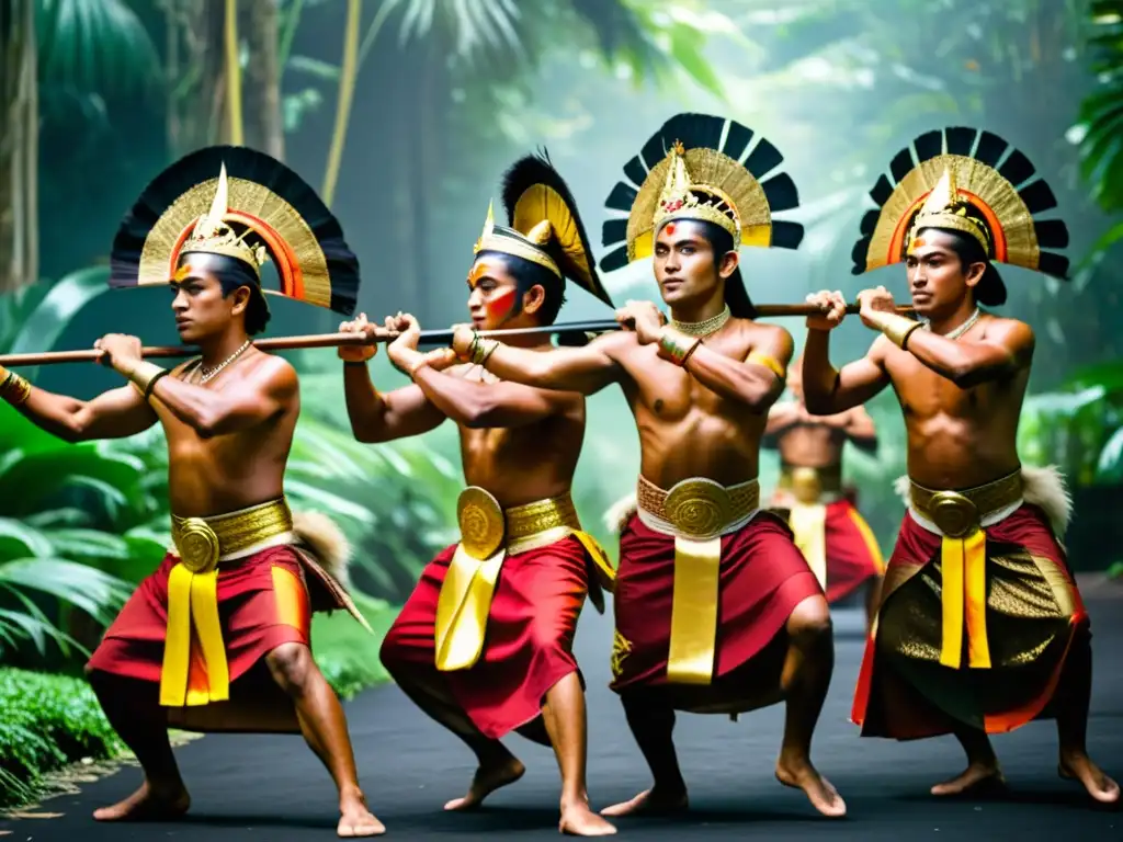 Guerreros balineses realizan la danza Baris con intensidad y gracia en la selva tropical