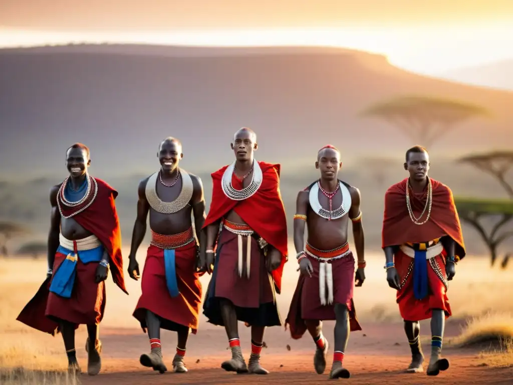 Guerreros Maasai danzan al atardecer en la sabana africana, en una escena de tradición cultural y belleza eterna