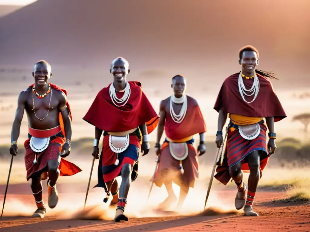 Guerreros Maasai en Danza Adumu al atardecer, con shukas rojos y energía palpable en la sabana