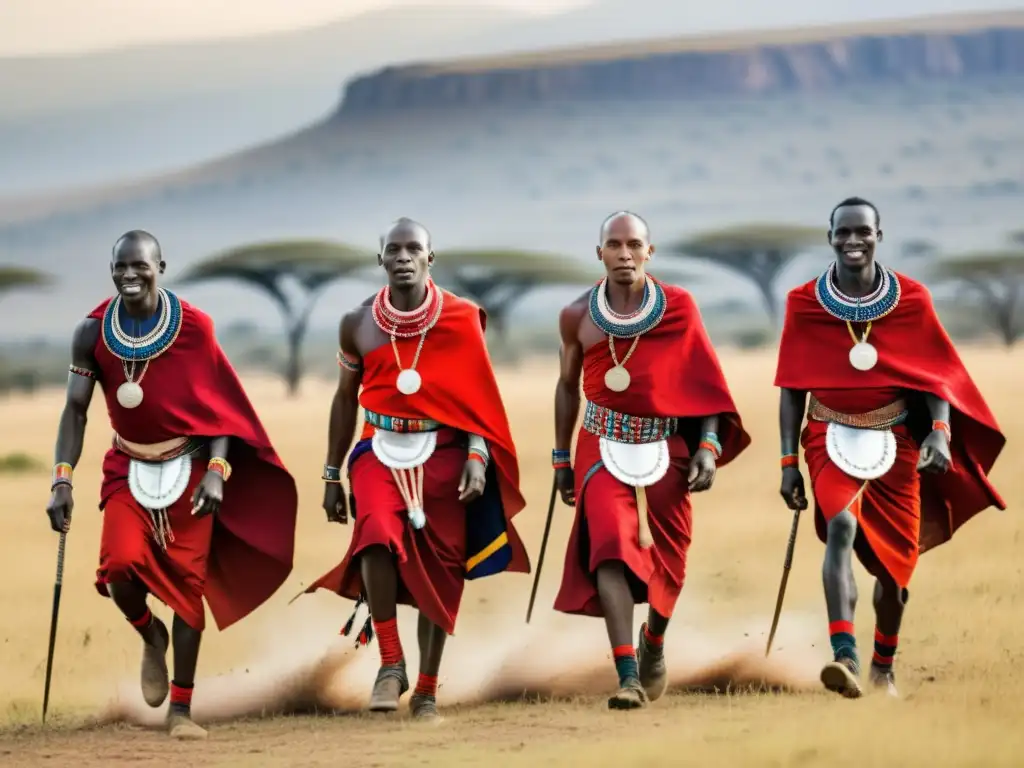 Guerreros maasai danzando con energía en la sabana africana, mostrando su significado cultural y colorido atuendo tradicional