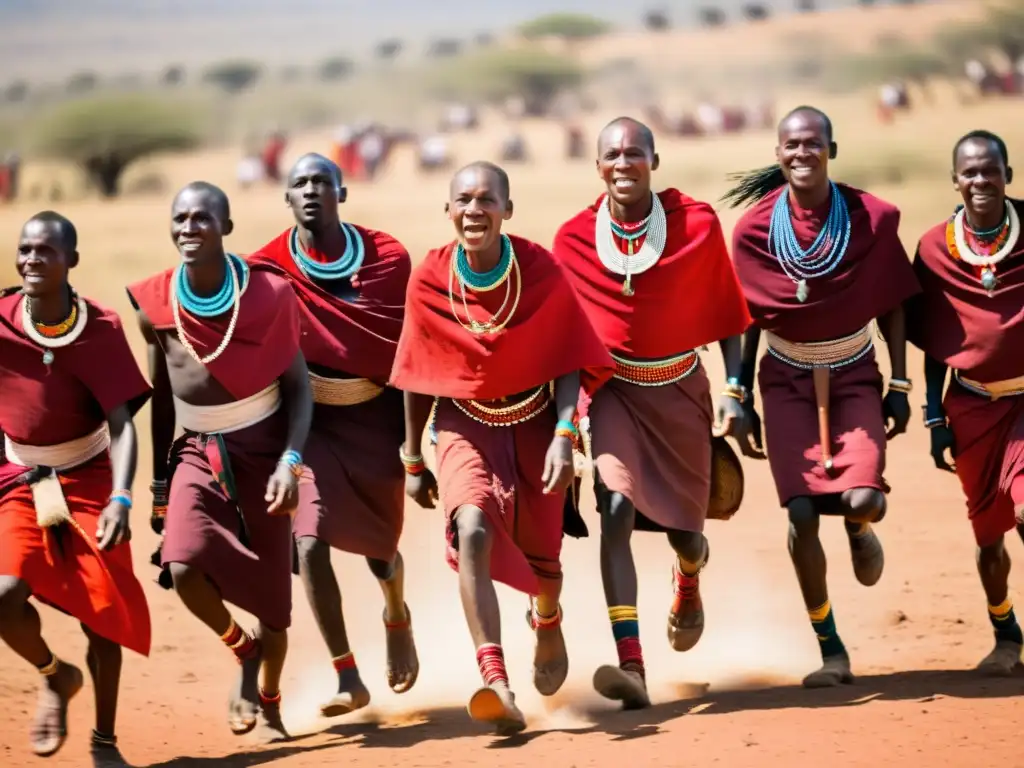 Guerreros Maasai en salto durante la danza Adumu, un momento de significado cultural y fuerza