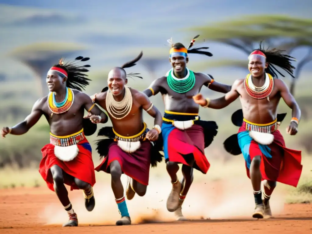 Guerreros Maasai y Samburu bailando con energía al ritmo de la música tradicional en la sabana africana