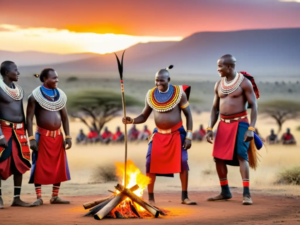 Guerreros Maasai y Samburu danzando alrededor de una fogata en la sabana al atardecer, evocando la música tradicional danza guerreros Maasai