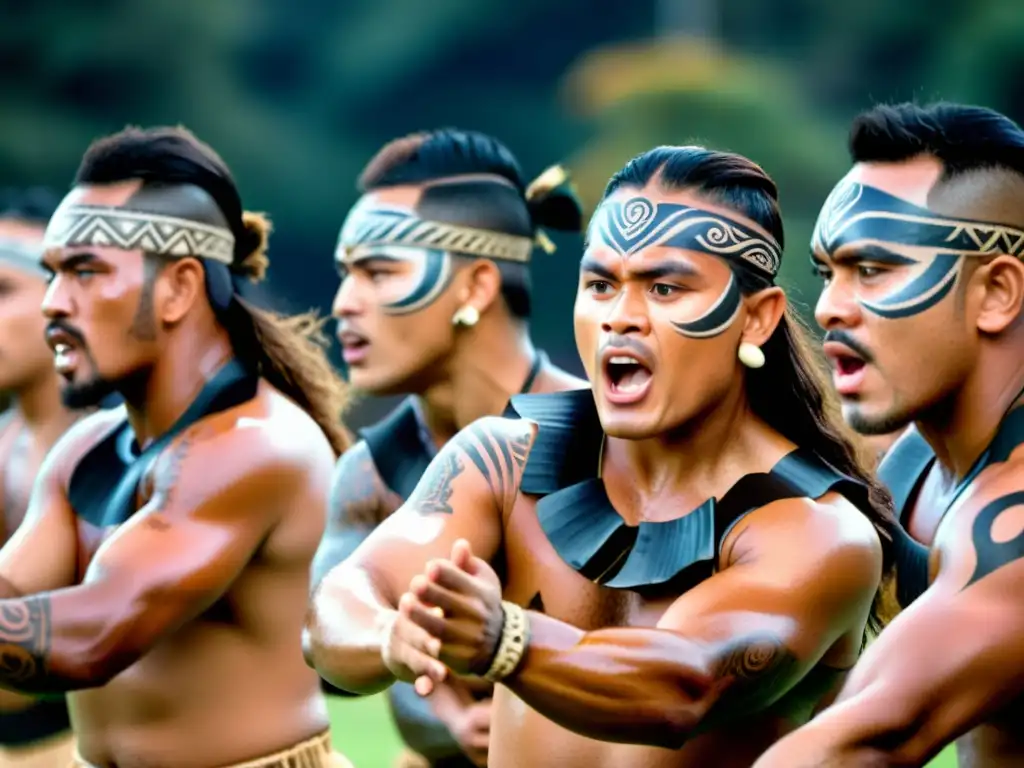 Guerreros Maoríes realizan la danza Haka, expresando su significado cultural y espíritu guerrero