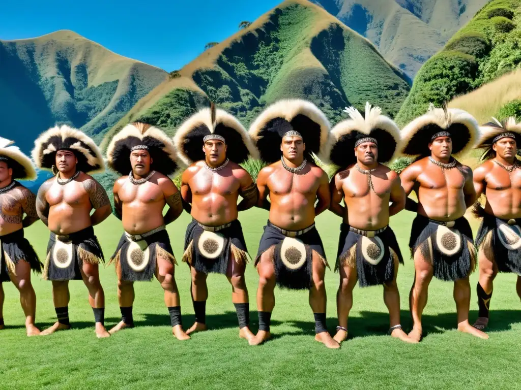 Guerreros maoríes realizando el Haka, expresando la historia y significado cultural del Haka maorí con intensidad y respeto ancestral