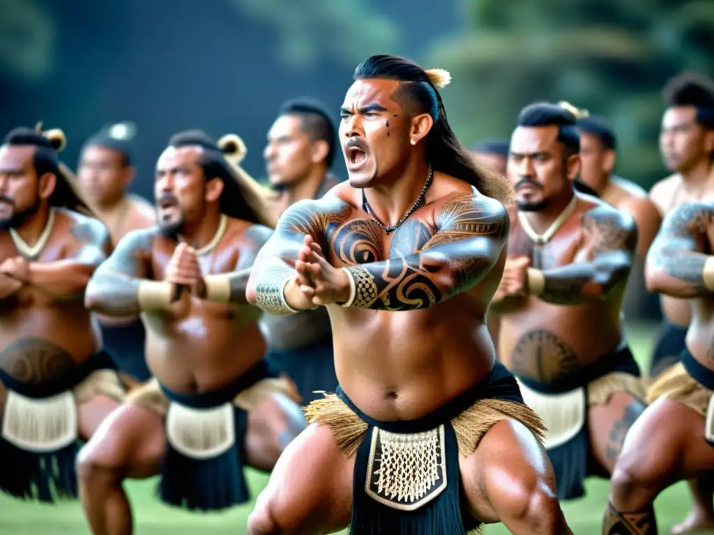 Guerreros Maoríes realizan el Haka, expresando el significado cultural del Haka Maorí con intensidad ancestral y orgullo