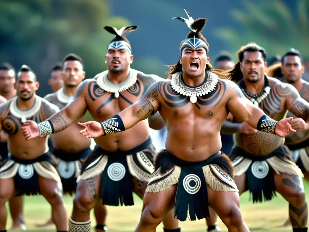 Guerreros maoríes realizan el Haka, mostrando su significado cultural del Haka Maorí con determinación y fuerza en Nueva Zelanda