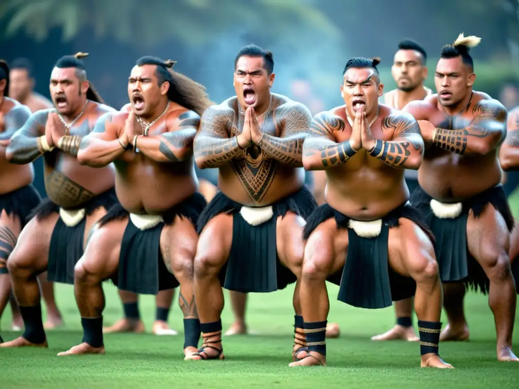 Guerreros maoríes realizan el Haka, expresando su significado cultural del Haka Maorí con intensidad y orgullo ancestral