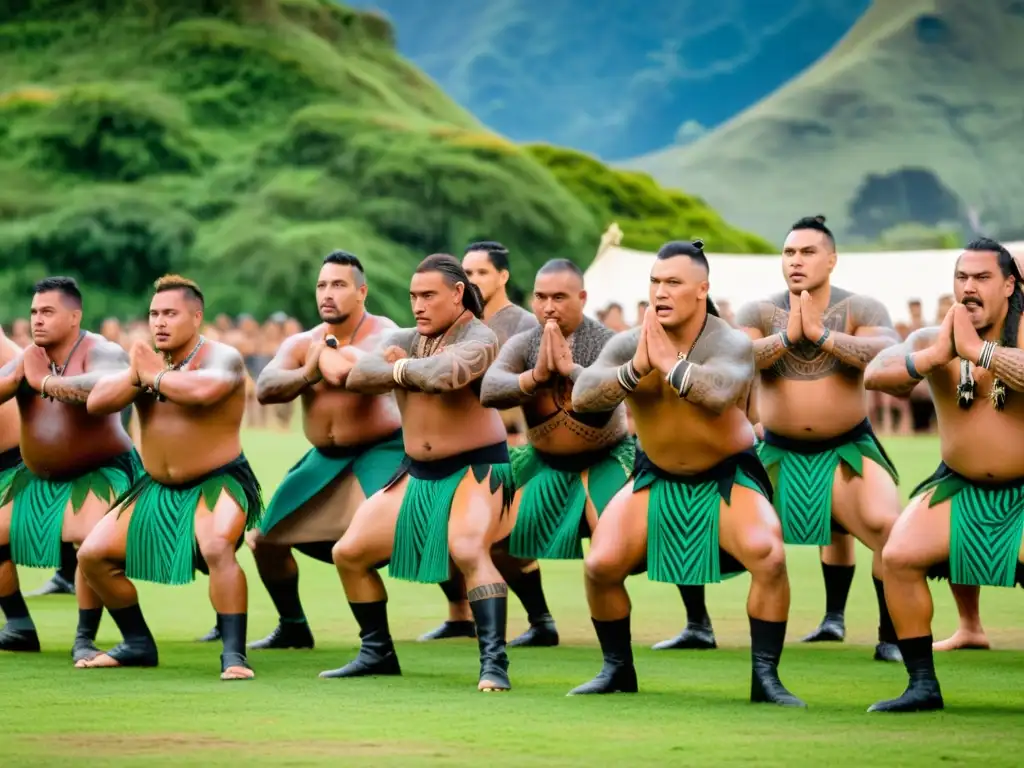 Guerreros Maoríes realizan la impresionante Danza de los Guerreros Maoríes, envueltos en tradición y emoción, con un paisaje de Nueva Zelanda de fondo