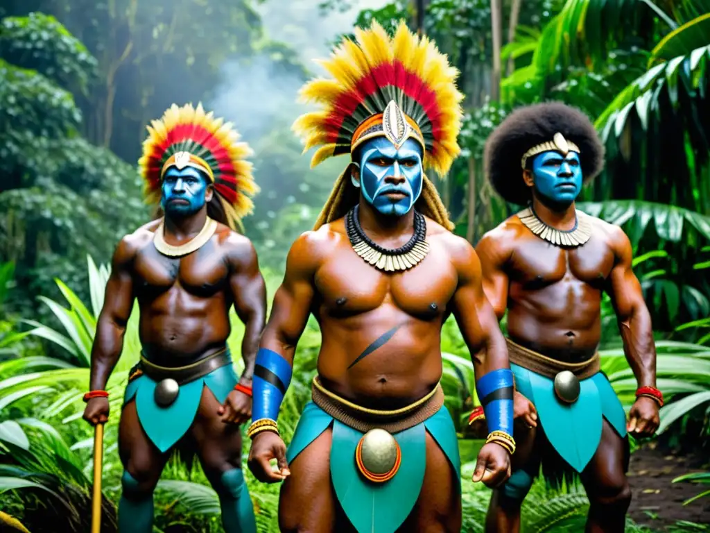 Guerreros melanésicos ejecutan danza de guerra en la selva tropical, mostrando la intensidad cultural y significado técnica danzas guerra Melanesia