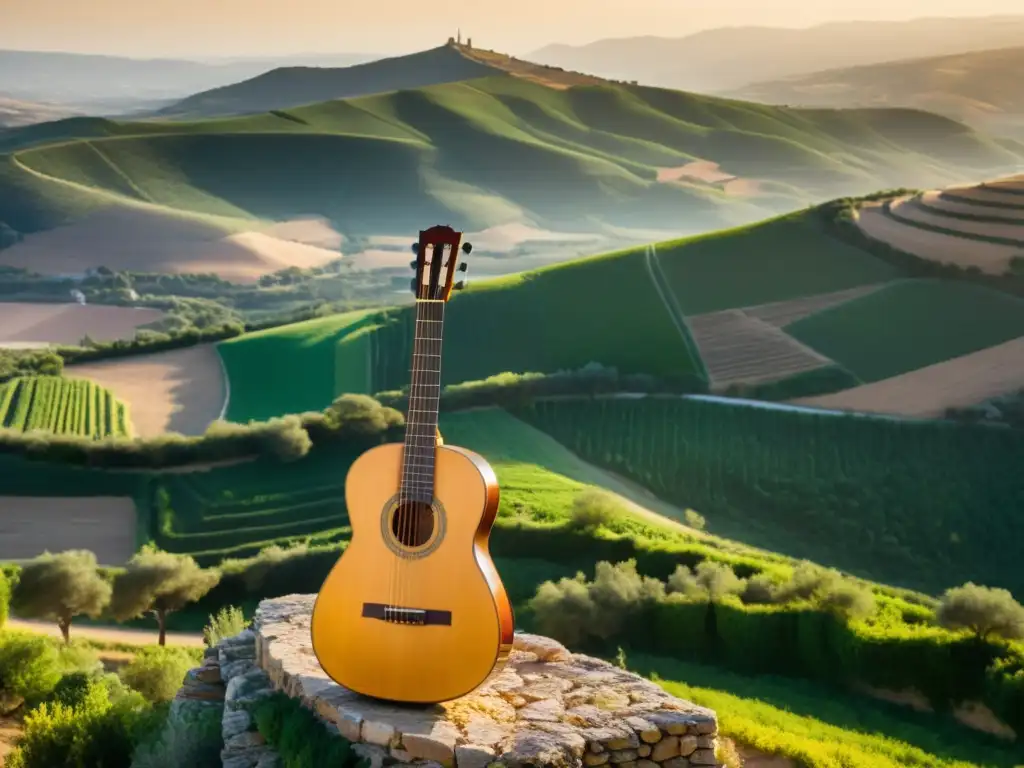 Una guitarra española descansa sobre una pared de piedra en la campiña andaluza, evocando los orígenes y evolución del flamenco entre colinas verdes