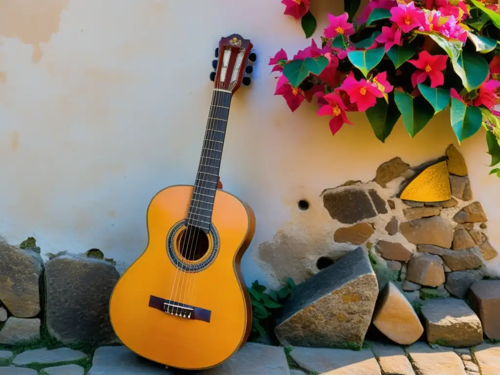 Una guitarra portuguesa pintada a mano con vibrantes patrones florales y delicados detalles dorados, reposando sobre un fondo de paredes de piedra envejecidas cubiertas de coloridas enredaderas de buganvillas