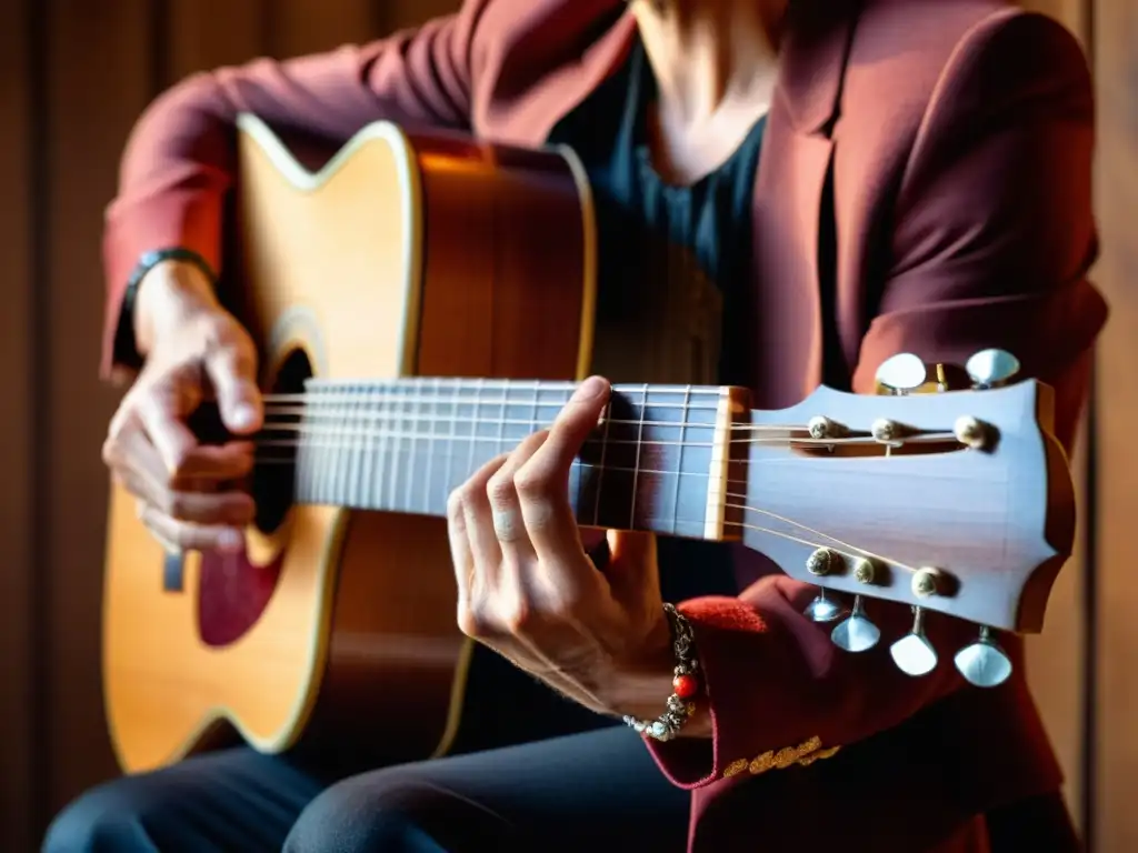 Un guitarrista de flamenco apasionado toca su guitarra española con intensidad, en un ambiente cálido y dramático