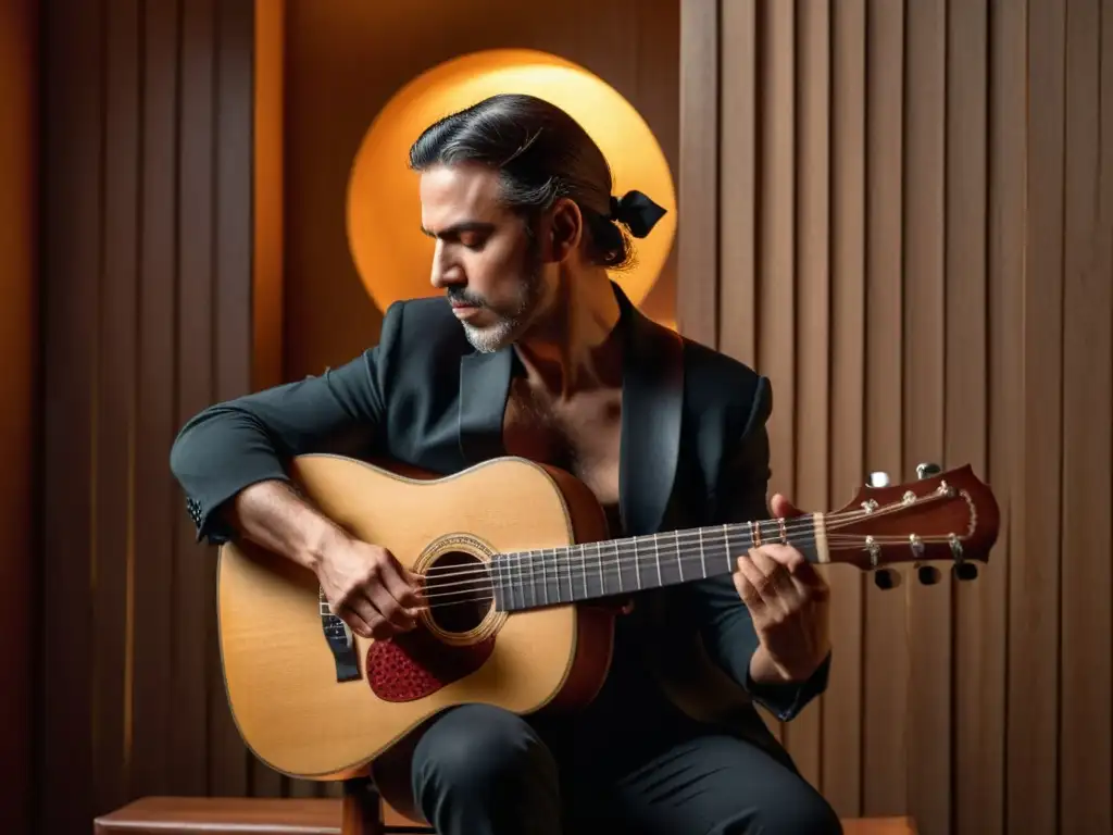 Un guitarrista de flamenco tocando apasionadamente, iluminado por un foco