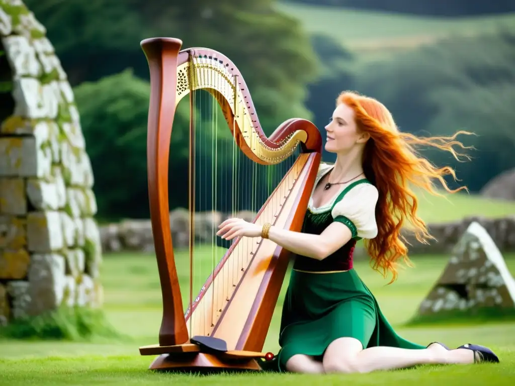 Una hábil arpista de cabello rojo toca su arpa celta en un paisaje irlandés, con danzas y ruinas antiguas