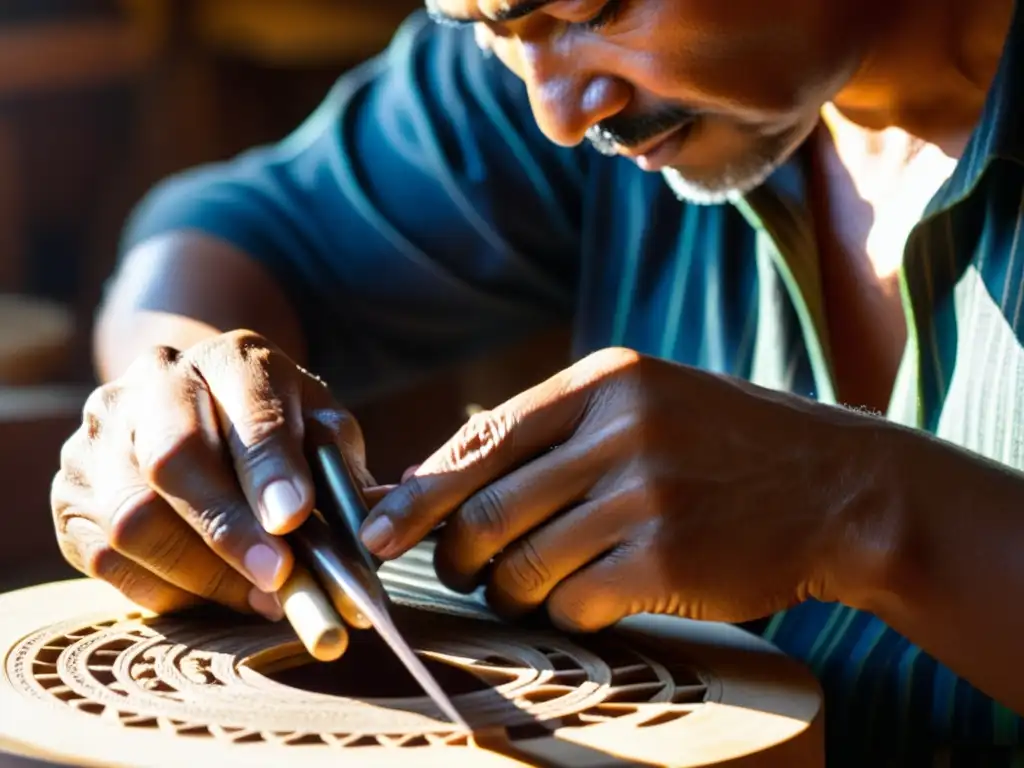 Un hábil artesano crea un charango andino, con luz natural resaltando los detalles