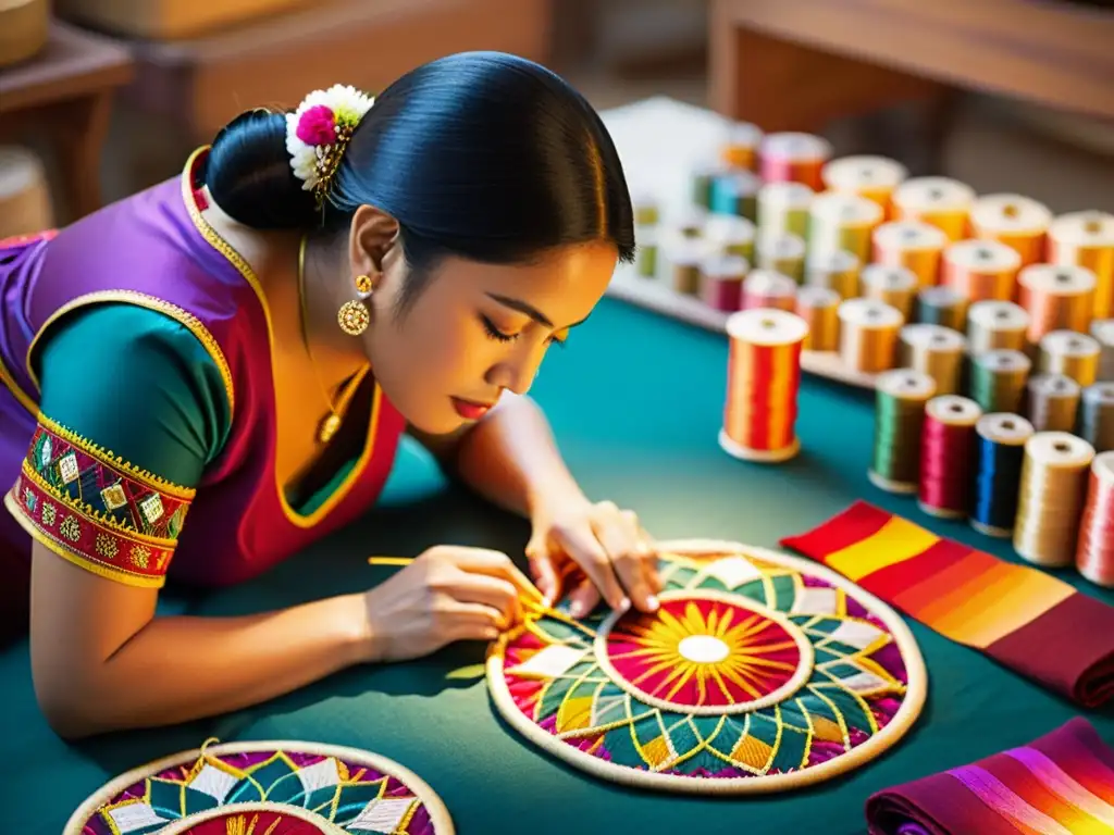 Un hábil artesano borda detalladamente un colorido traje de danza tradicional, rodeado de hilos, agujas y telas