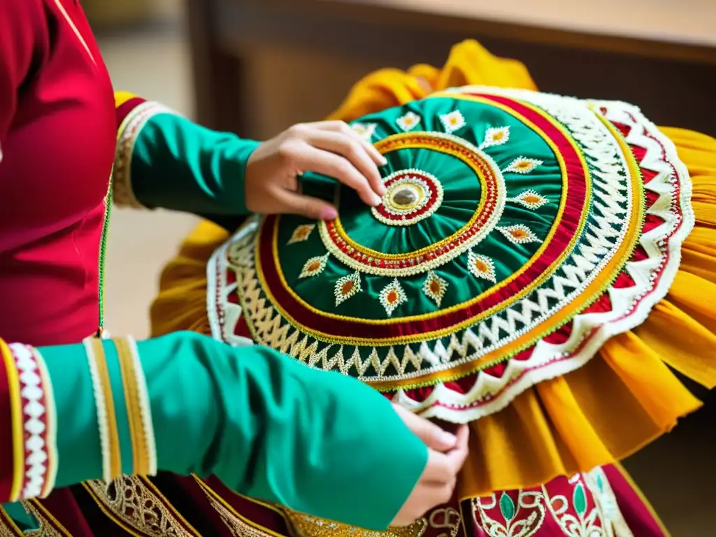 Un hábil artesano restaura con cuidado un vibrante vestuario tradicional de danza, mostrando su dedicación a la preservación de la tradición cultural