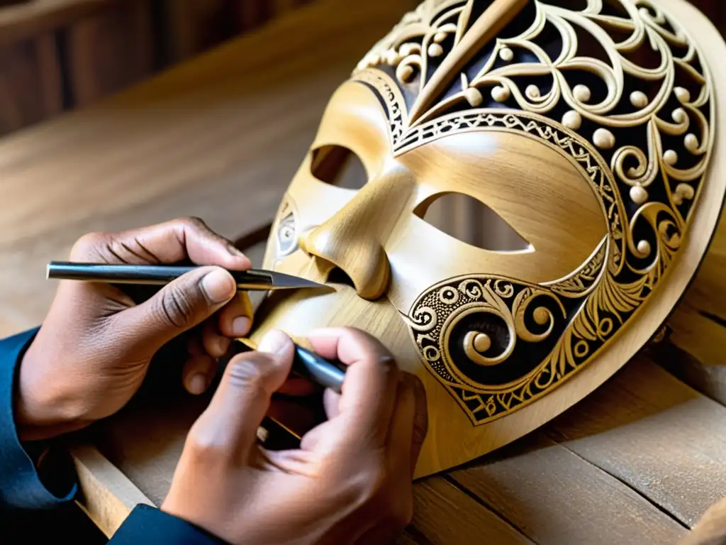 Un hábil artesano talla con dedicación patrones en una máscara de madera, reflejando el significado cultural de máscaras en danzas ceremoniales