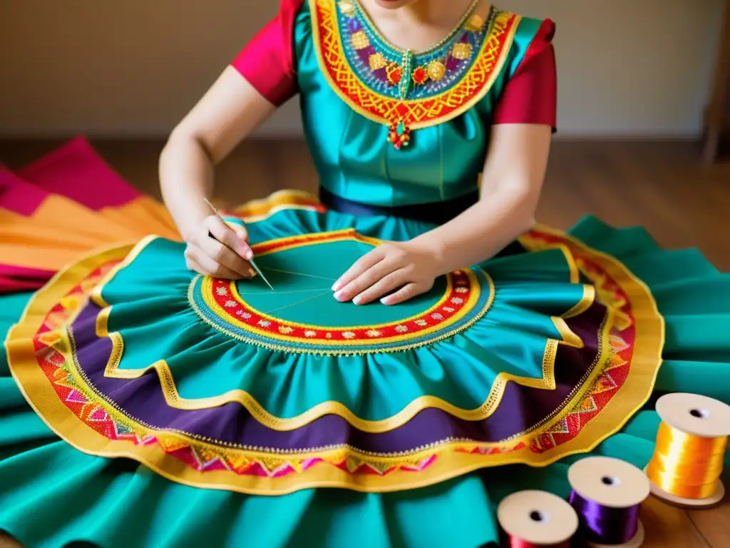 Un hábil artesano borda con esmero réplicas de vestimenta de danza, rodeado de hilos de colores y telas