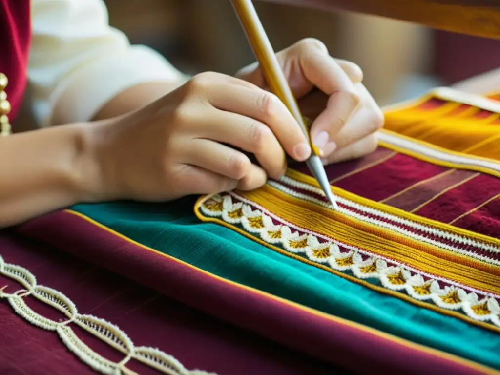 Un hábil artesano restaura con esmero un tejido tradicional en la danza, mostrando la rica herencia cultural y el arte en su conservación