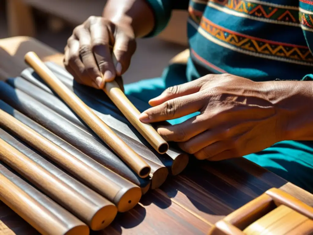 Un hábil artesano talla una flauta de pan andina incas en madera oscura, con destreza y pasión, creando una pieza de profundo significado cultural