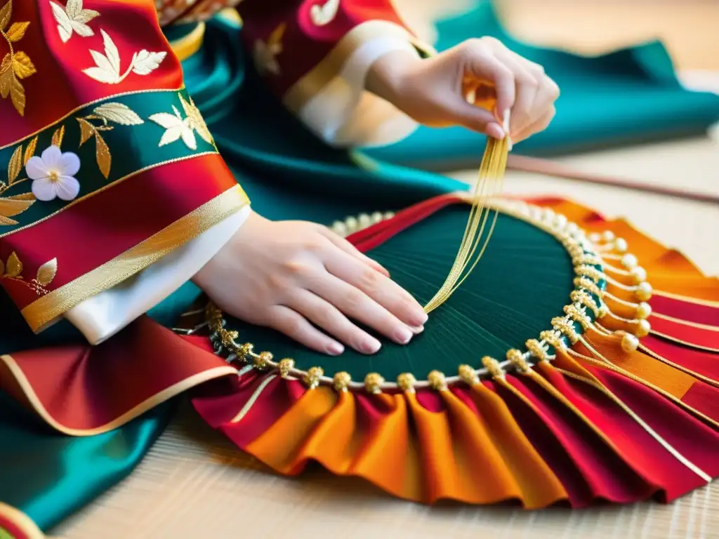 Un hábil artesano japonés cosiendo con precisión un elaborado y vibrante traje de danza tradicional