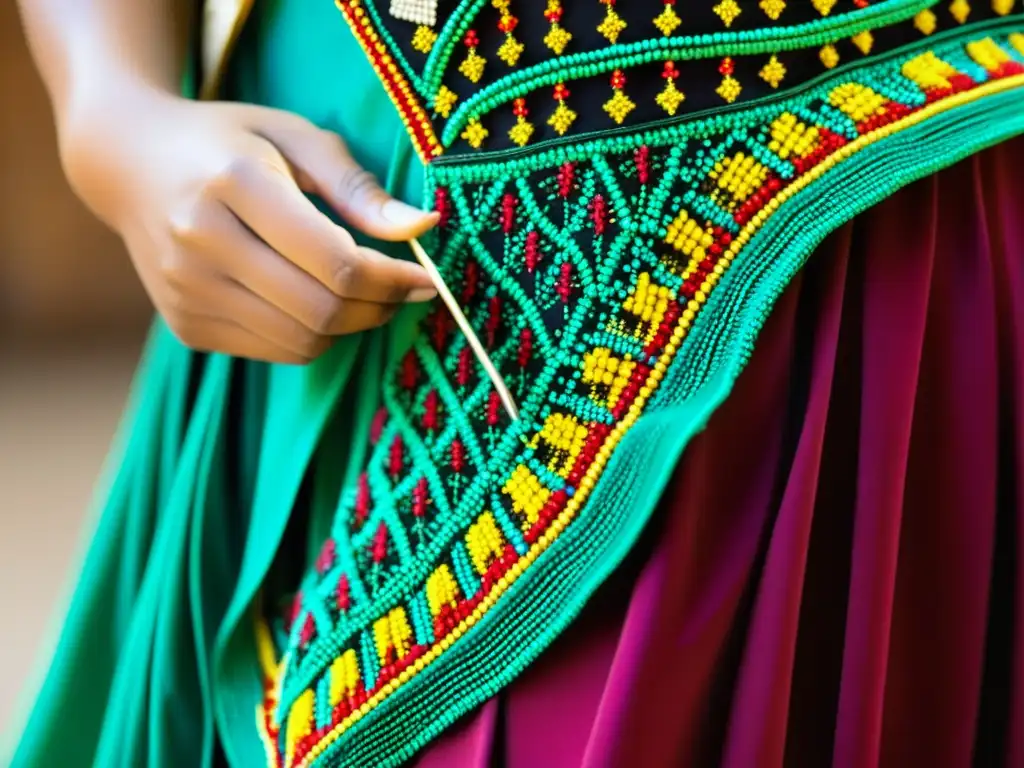 Un hábil artesano borda a mano réplicas de vestimenta de danza, reflejando la rica herencia cultural en colores vibrantes y detalles exquisitos