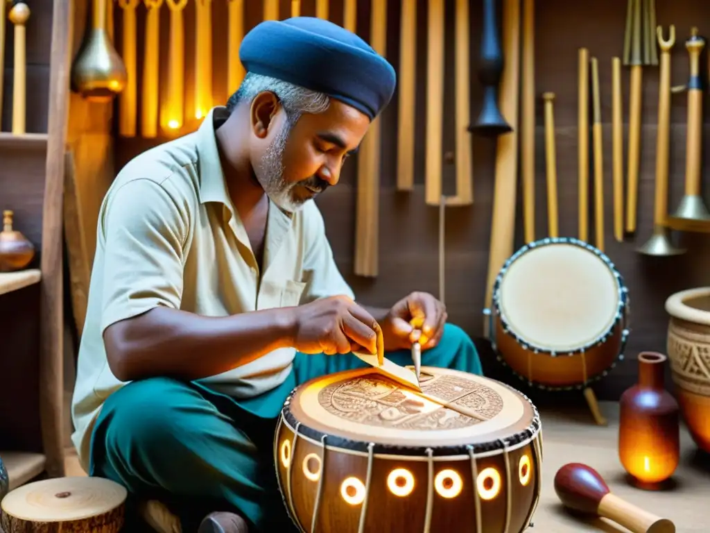 Un hábil artesano talla intrincados diseños en un tambor de madera rodeado de vibrantes instrumentos musicales y elementos decorativos