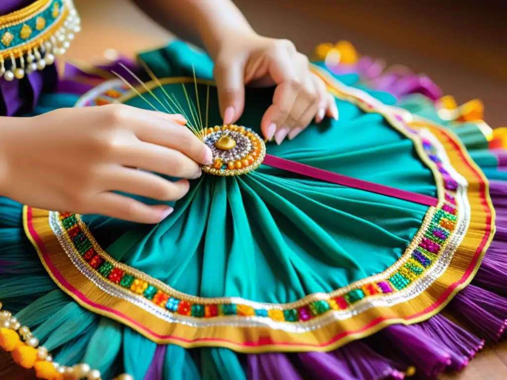 Un hábil artesano cose meticulosamente un vestuario de baile tradicional único con vibrantes colores y detalles intrincados