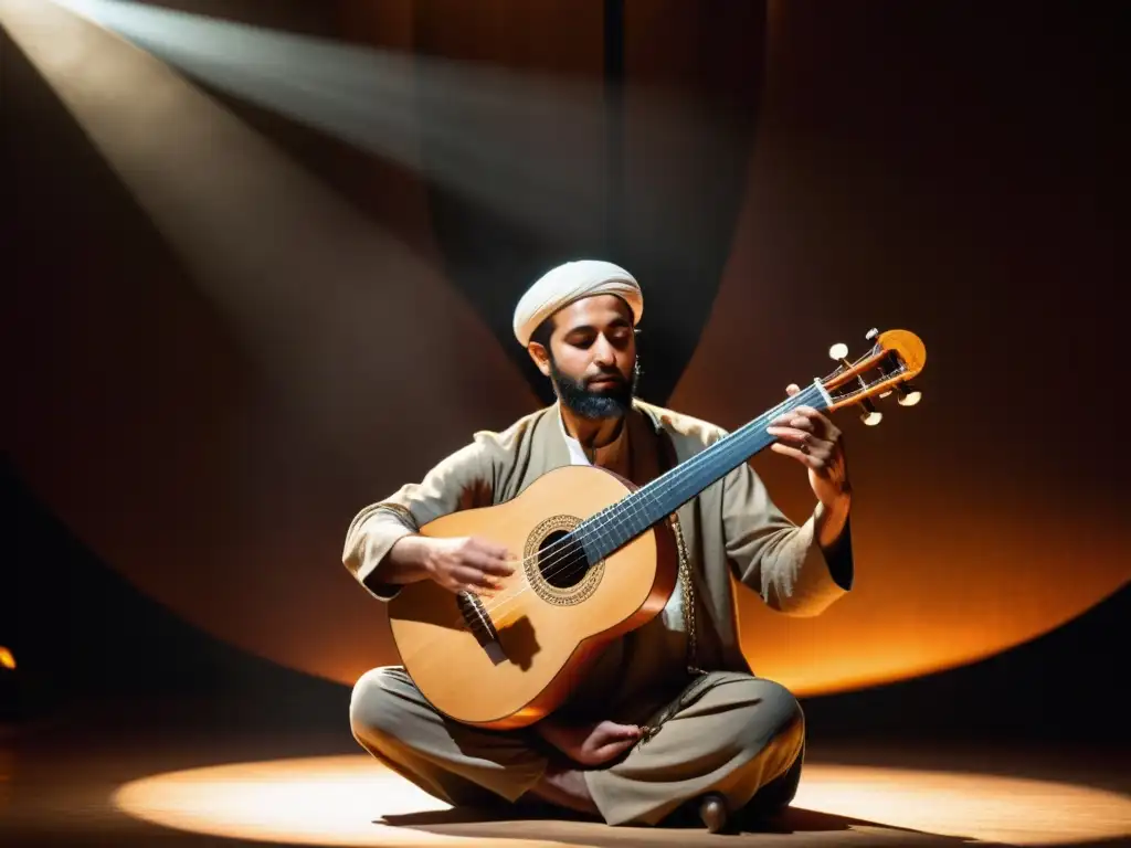 Un hábil intérprete de oud en un escenario tenue, iluminado por luces cálidas, capturando la esencia de la danza árabe con influencia del oud