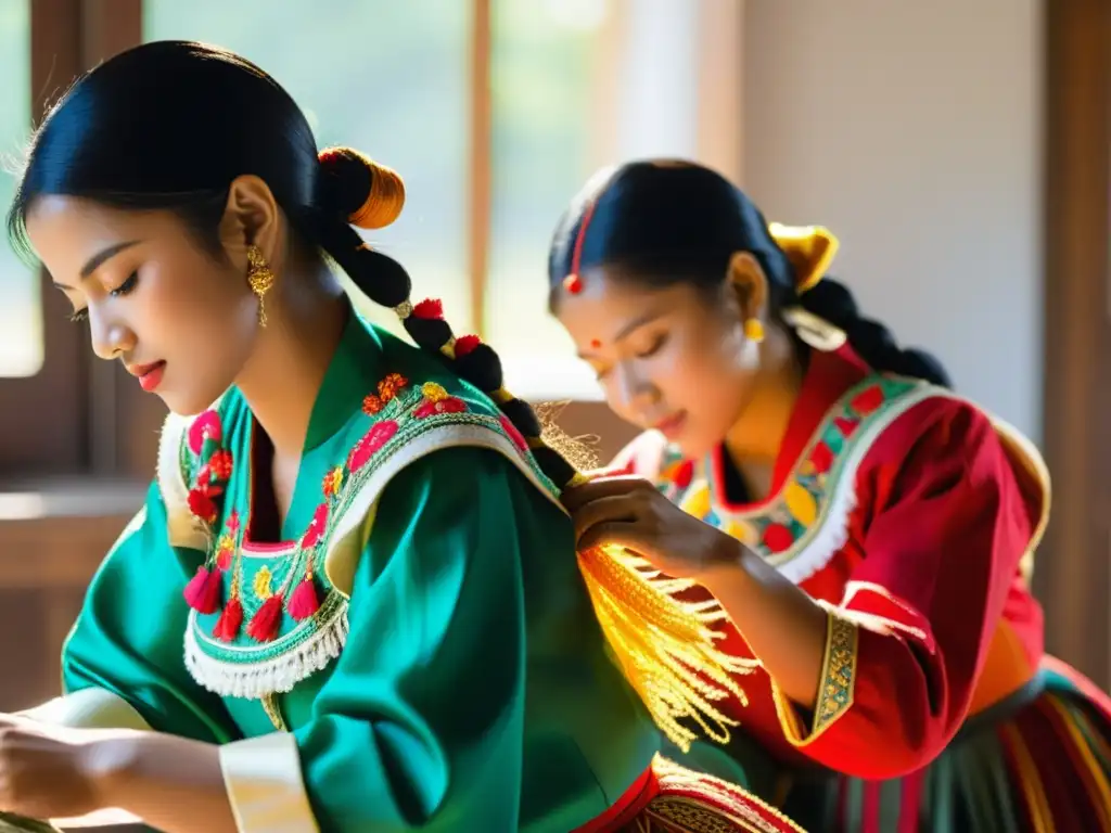 Hábiles artesanos bordando detallados patrones en trajes de danza tradicionales icónicos, iluminados por la cálida luz del sol de la tarde