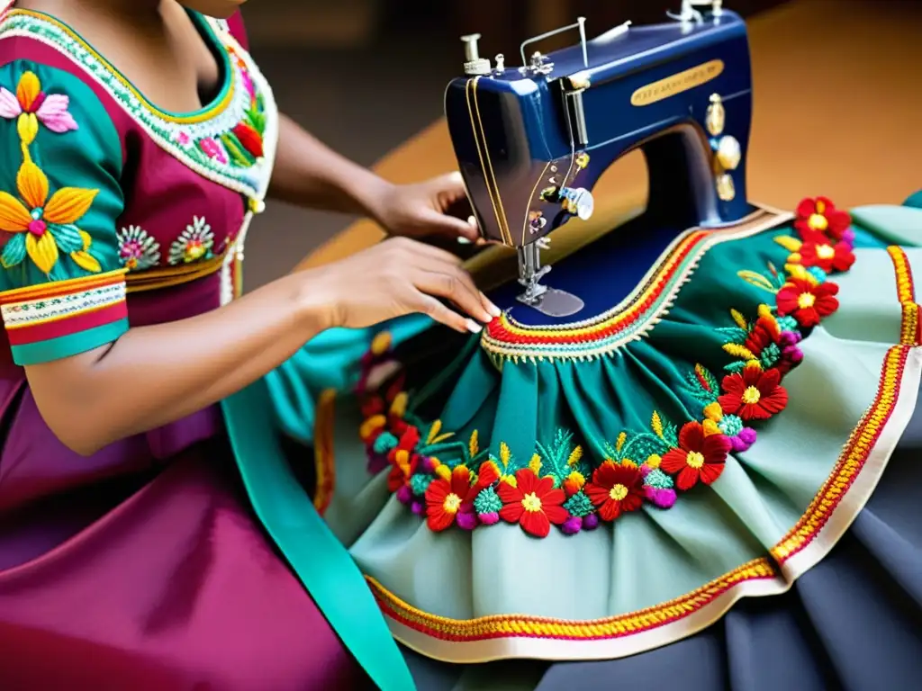 Hábiles artesanos bordando un diseño folclórico en un vestido de alta costura, representando la fusión entre danza y diseño