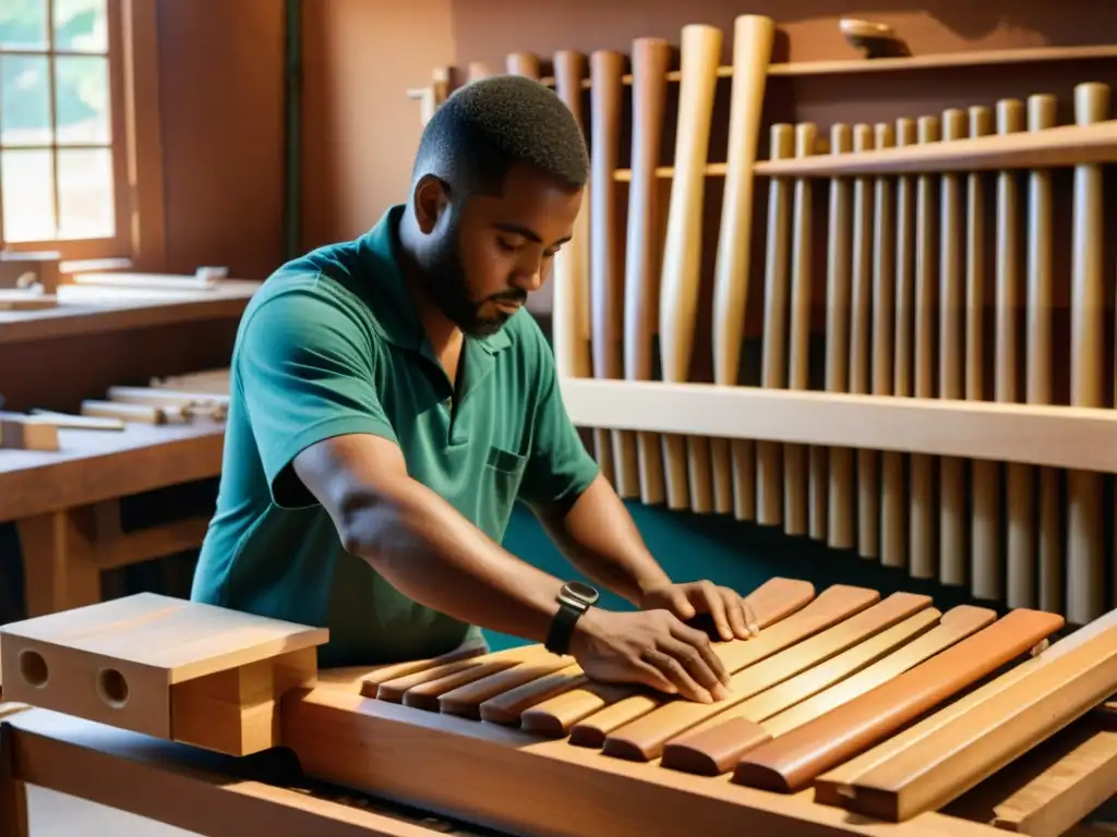 Hábiles artesanos tallan y lijan una gran marimba de madera en un taller soleado, rodeados de herramientas tradicionales y coloridas pilas de tablones