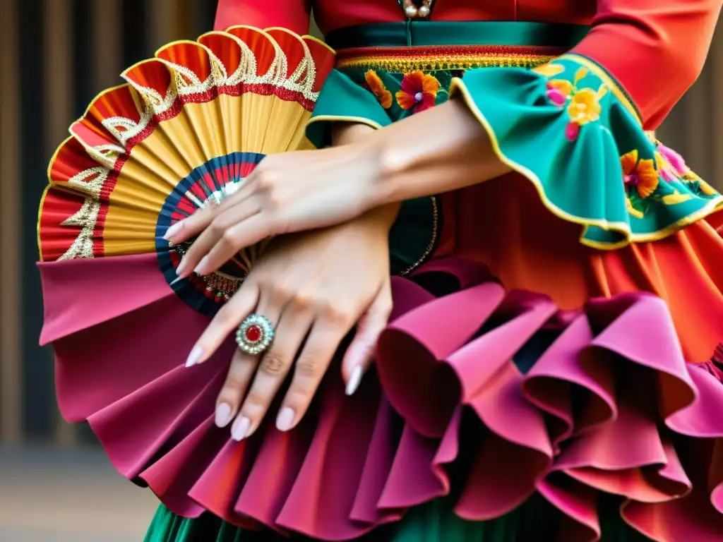 Las hábiles manos de una bailarina de flamenco en movimiento, destacando el significado cultural de los abanicos en la danza