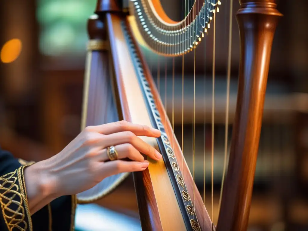 Las hábiles manos de un músico tocando un arpa celta, acompañadas por danzas irlandesas