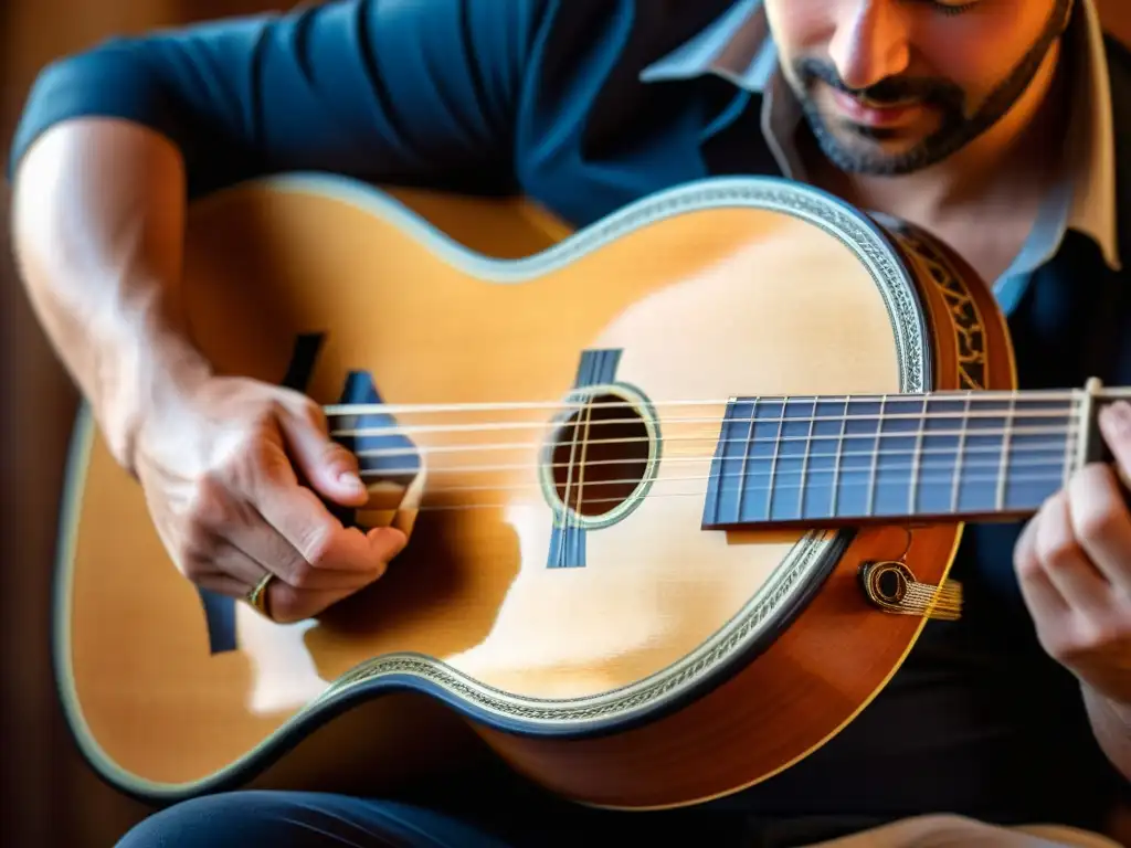 Maestría musical: manos hábiles en el bouzouki griego Las hábiles manos de un músico tocan el bouzouki griego, capturando la esencia del instrumento y su legado cultural
